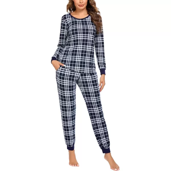 Ekouaer Womens Pajama Set Plaid Pj Long Sleeve Sleepwear Soft Contrast 2 Piece Lounge SetsDeep Blue Plaid