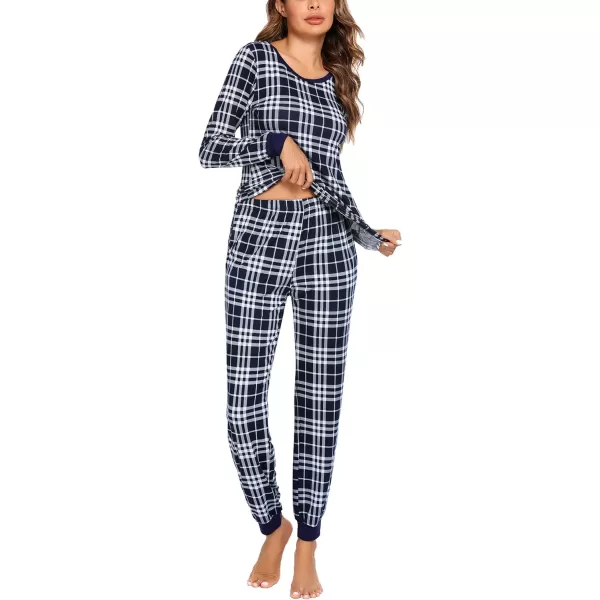 Ekouaer Womens Pajama Set Plaid Pj Long Sleeve Sleepwear Soft Contrast 2 Piece Lounge SetsDeep Blue Plaid