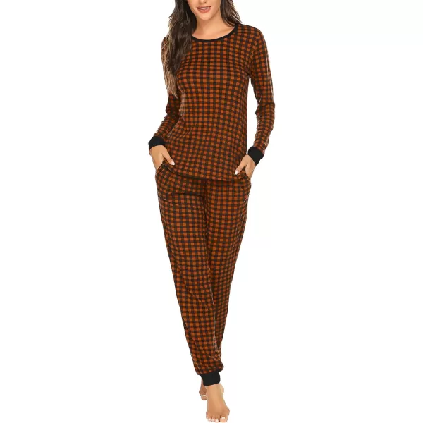 Ekouaer Womens Pajama Set Plaid Pj Long Sleeve Sleepwear Soft Contrast 2 Piece Lounge SetsPattern18caramel Plaid