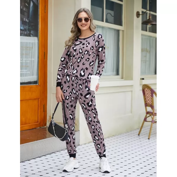 Ekouaer Womens Pajama Set Plaid Pj Long Sleeve Sleepwear Soft Contrast 2 Piece Lounge SetsPattern20brown Leopard