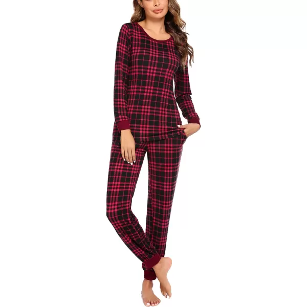 Ekouaer Womens Pajama Set Plaid Pj Long Sleeve Sleepwear Soft Contrast 2 Piece Lounge SetsPattern7rose Red Plaid