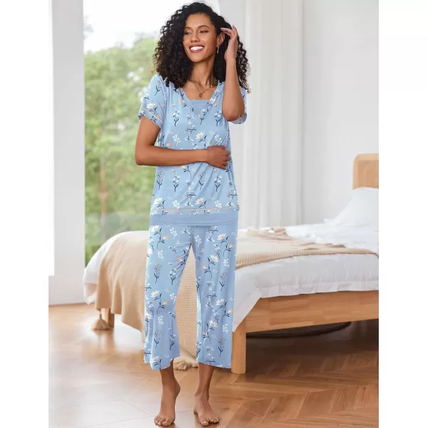 Ekouaer Womens Pajama Set Short Sleeve Shirt and Capri Pants Sleepwear Pjs Sets Soft SleepwearBlue Floral