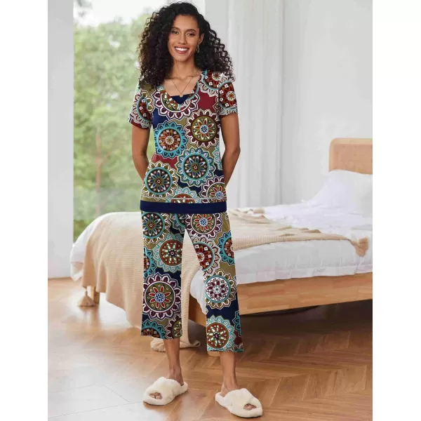 Ekouaer Womens Pajama Set Short Sleeve Shirt and Capri Pants Sleepwear Pjs Sets Soft SleepwearBohemian