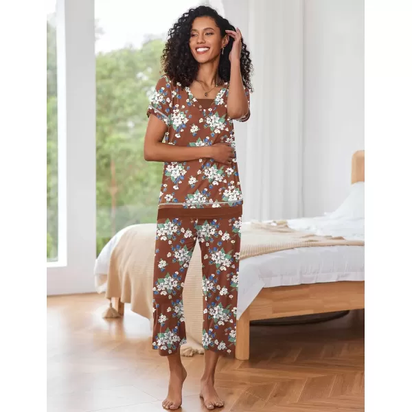 Ekouaer Womens Pajama Set Short Sleeve Shirt and Capri Pants Sleepwear Pjs Sets Soft SleepwearBrown Floral