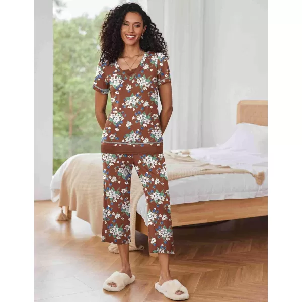 Ekouaer Womens Pajama Set Short Sleeve Shirt and Capri Pants Sleepwear Pjs Sets Soft SleepwearBrown Floral