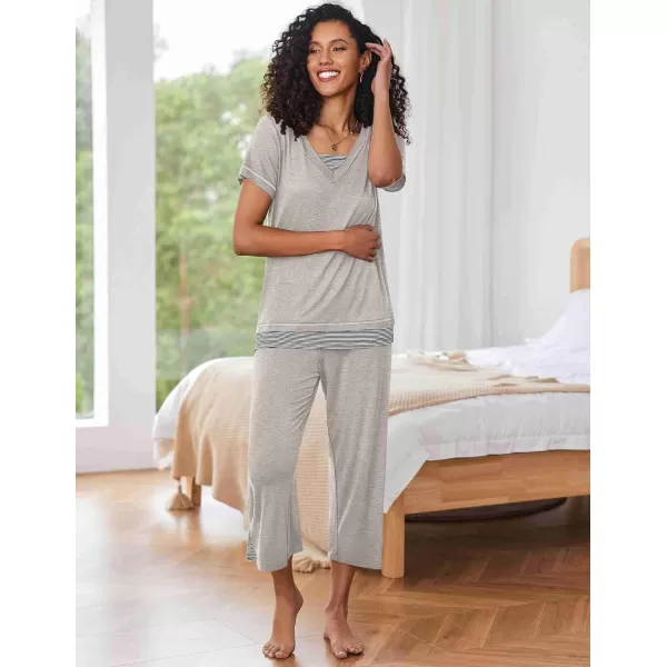 Ekouaer Womens Pajama Set Short Sleeve Shirt and Capri Pants Sleepwear Pjs Sets Soft SleepwearLight Grey