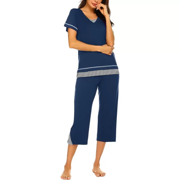Ekouaer Womens Pajama Set Short Sleeve Shirt and Capri Pants Sleepwear Pjs Sets Soft SleepwearNavy