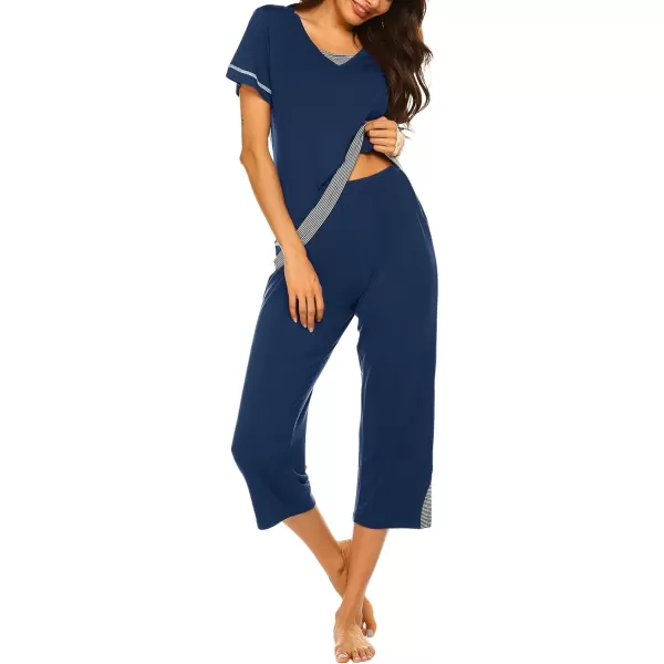 Ekouaer Womens Pajama Set Short Sleeve Shirt and Capri Pants Sleepwear Pjs Sets Soft SleepwearNavy