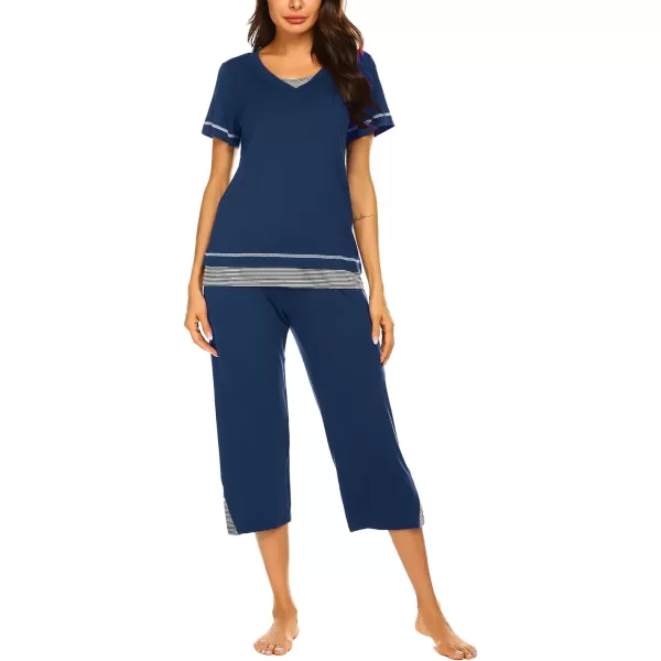Ekouaer Womens Pajama Set Short Sleeve Shirt and Capri Pants Sleepwear Pjs Sets Soft SleepwearNavy