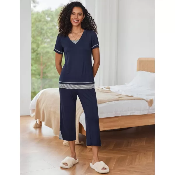 Ekouaer Womens Pajama Set Short Sleeve Shirt and Capri Pants Sleepwear Pjs Sets Soft SleepwearNavy Blue