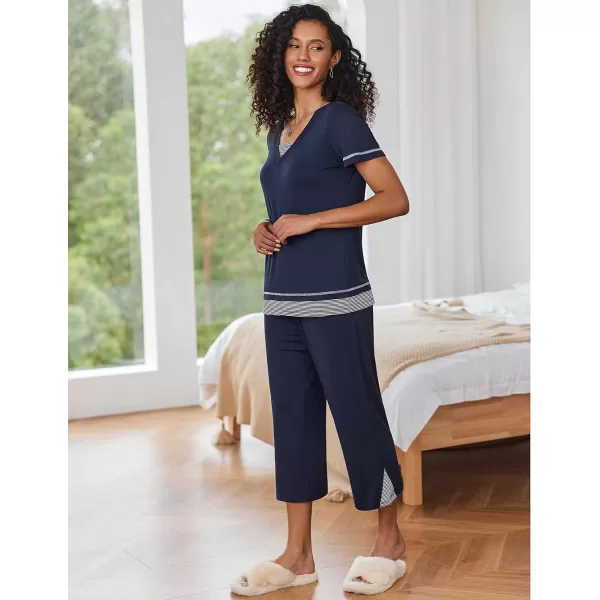 Ekouaer Womens Pajama Set Short Sleeve Shirt and Capri Pants Sleepwear Pjs Sets Soft SleepwearNavy Blue