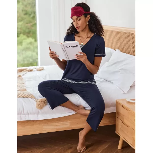 Ekouaer Womens Pajama Set Short Sleeve Shirt and Capri Pants Sleepwear Pjs Sets Soft SleepwearNavy Blue