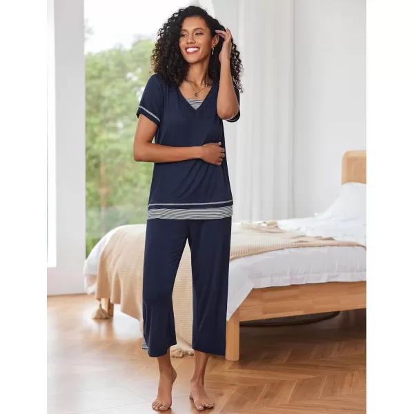 Ekouaer Womens Pajama Set Short Sleeve Shirt and Capri Pants Sleepwear Pjs Sets Soft SleepwearNavy Blue