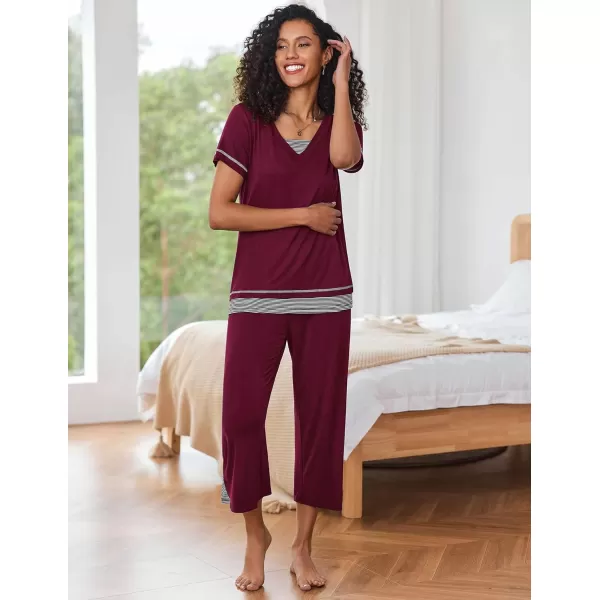 Ekouaer Womens Pajama Set Short Sleeve Shirt and Capri Pants Sleepwear Pjs Sets Soft SleepwearWine Red