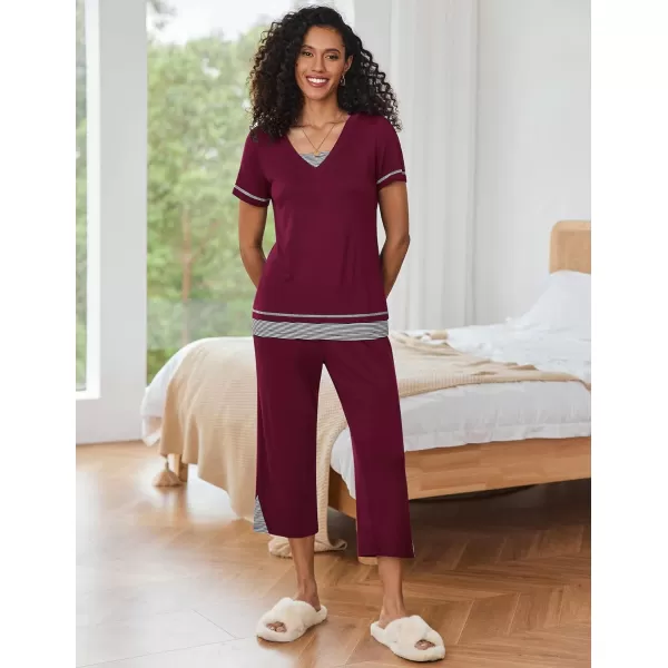 Ekouaer Womens Pajama Set Short Sleeve Shirt and Capri Pants Sleepwear Pjs Sets Soft SleepwearWine Red