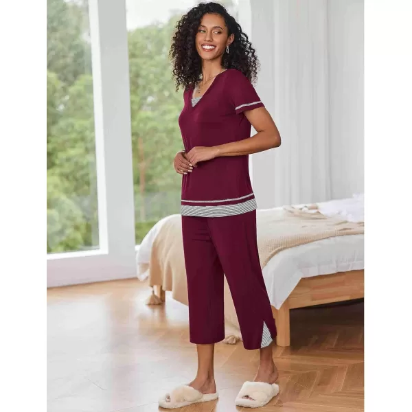 Ekouaer Womens Pajama Set Short Sleeve Shirt and Capri Pants Sleepwear Pjs Sets Soft SleepwearWine Red