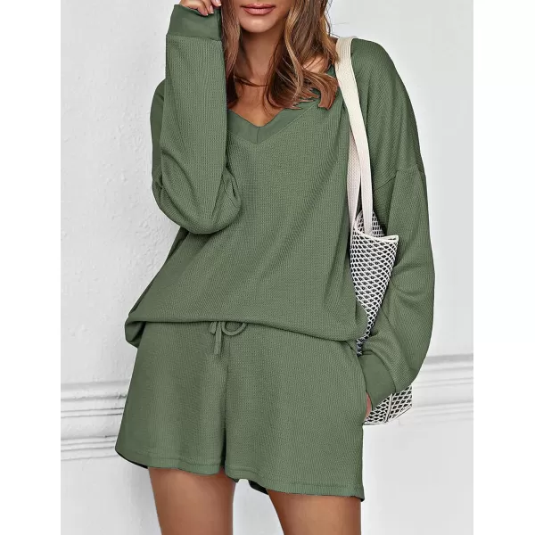 Ekouaer Womens Pajama Set Waffle Knit Lounge Set V Neck Off Shoulder Sleepwear Long Sleeve Top and Shorts 2 Piece SweatsuitBarmy Green