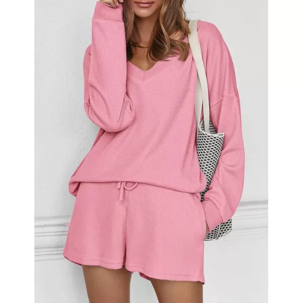 Ekouaer Womens Pajama Set Waffle Knit Lounge Set V Neck Off Shoulder Sleepwear Long Sleeve Top and Shorts 2 Piece SweatsuitBcandy Pink