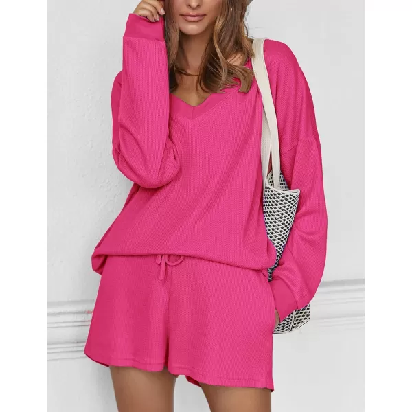 Ekouaer Womens Pajama Set Waffle Knit Lounge Set V Neck Off Shoulder Sleepwear Long Sleeve Top and Shorts 2 Piece SweatsuitBhot Pink