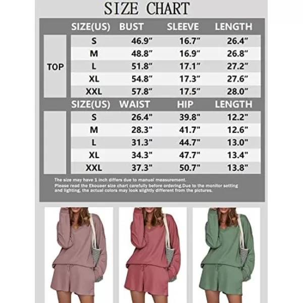 Ekouaer Womens Pajama Set Waffle Knit Lounge Set V Neck Off Shoulder Sleepwear Long Sleeve Top and Shorts 2 Piece SweatsuitBhot Pink