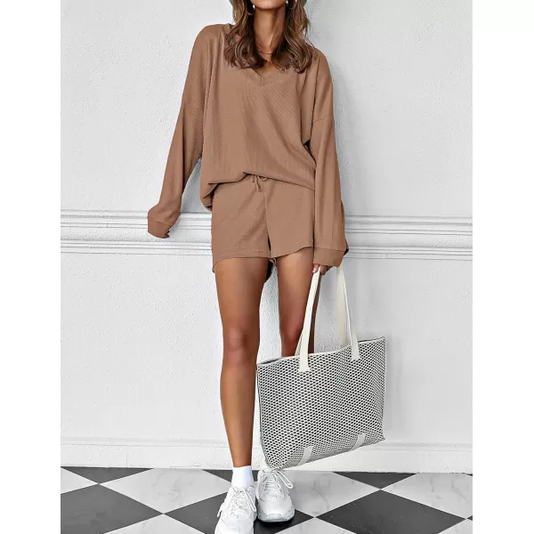 Ekouaer Womens Pajama Set Waffle Knit Lounge Set V Neck Off Shoulder Sleepwear Long Sleeve Top and Shorts 2 Piece SweatsuitBkhaki