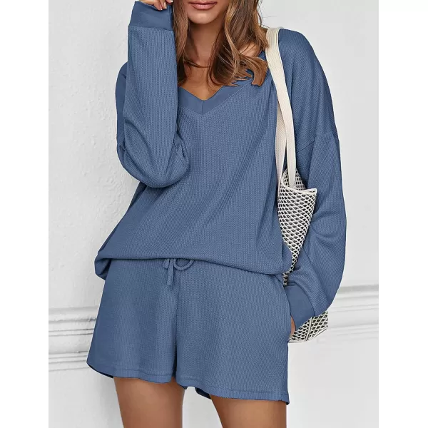 Ekouaer Womens Pajama Set Waffle Knit Lounge Set V Neck Off Shoulder Sleepwear Long Sleeve Top and Shorts 2 Piece SweatsuitBlue