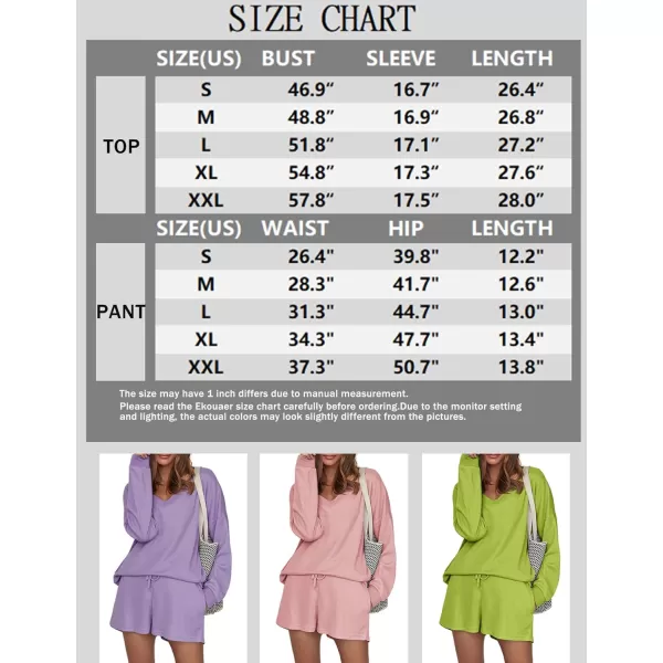 Ekouaer Womens Pajama Set Waffle Knit Lounge Set V Neck Off Shoulder Sleepwear Long Sleeve Top and Shorts 2 Piece SweatsuitBpink