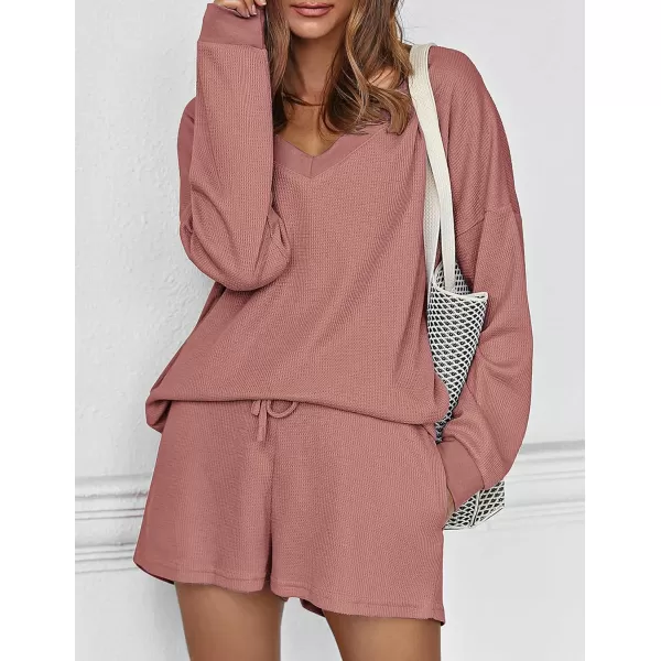 Ekouaer Womens Pajama Set Waffle Knit Lounge Set V Neck Off Shoulder Sleepwear Long Sleeve Top and Shorts 2 Piece SweatsuitBpink