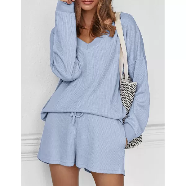 Ekouaer Womens Pajama Set Waffle Knit Lounge Set V Neck Off Shoulder Sleepwear Long Sleeve Top and Shorts 2 Piece SweatsuitBsky Blue