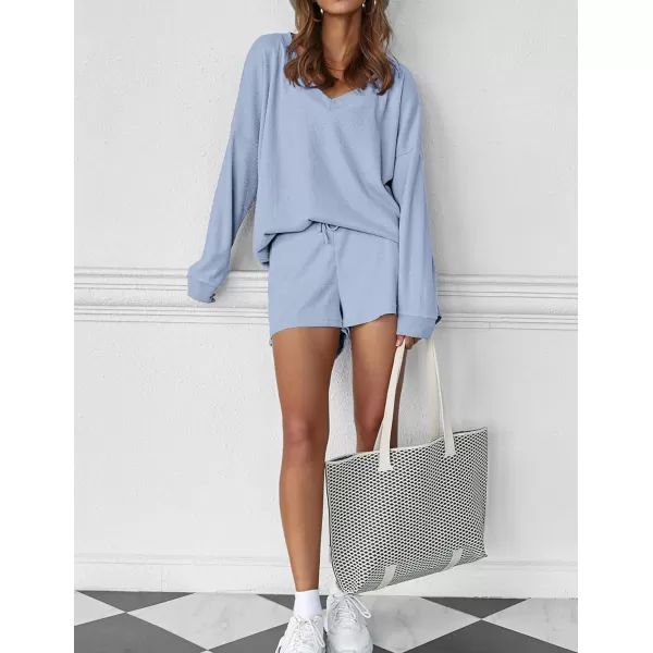 Ekouaer Womens Pajama Set Waffle Knit Lounge Set V Neck Off Shoulder Sleepwear Long Sleeve Top and Shorts 2 Piece SweatsuitBsky Blue