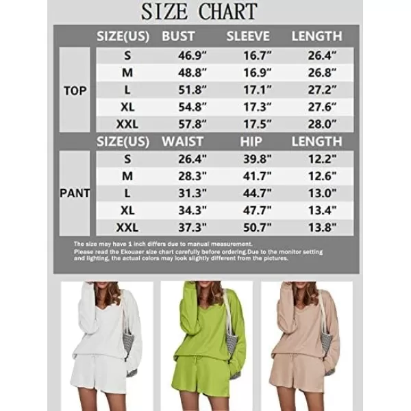 Ekouaer Womens Pajama Set Waffle Knit Lounge Set V Neck Off Shoulder Sleepwear Long Sleeve Top and Shorts 2 Piece SweatsuitByellow