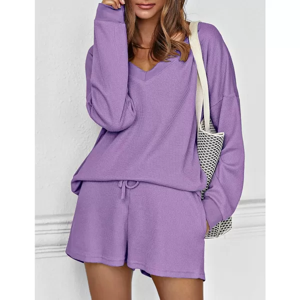 Ekouaer Womens Pajama Set Waffle Knit Lounge Set V Neck Off Shoulder Sleepwear Long Sleeve Top and Shorts 2 Piece SweatsuitCpurple