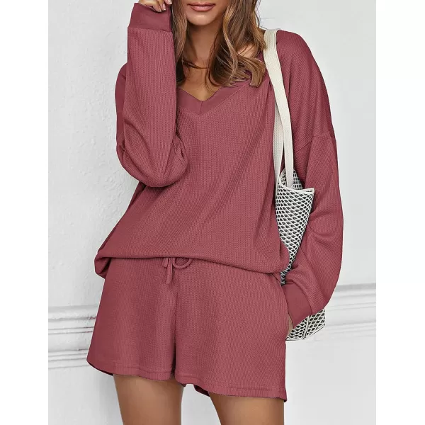 Ekouaer Womens Pajama Set Waffle Knit Lounge Set V Neck Off Shoulder Sleepwear Long Sleeve Top and Shorts 2 Piece SweatsuitRose Red