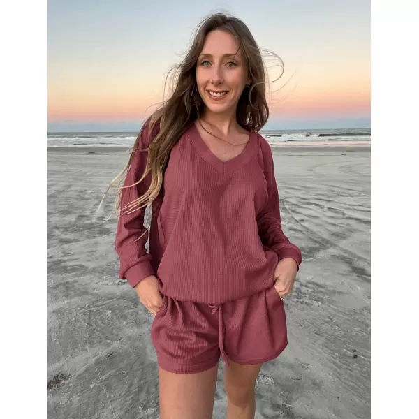 Ekouaer Womens Pajama Set Waffle Knit Lounge Set V Neck Off Shoulder Sleepwear Long Sleeve Top and Shorts 2 Piece SweatsuitRose Red