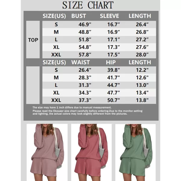 Ekouaer Womens Pajama Set Waffle Knit Lounge Set V Neck Off Shoulder Sleepwear Long Sleeve Top and Shorts 2 Piece SweatsuitRose Red