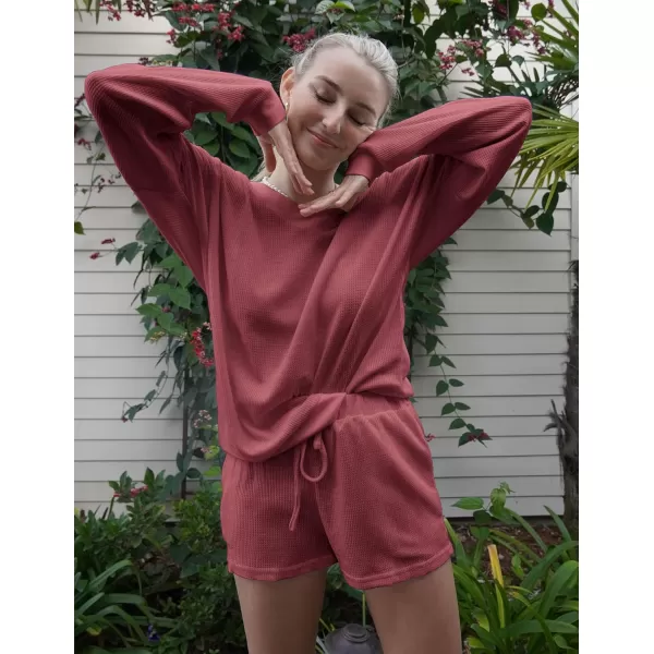 Ekouaer Womens Pajama Set Waffle Knit Lounge Set V Neck Off Shoulder Sleepwear Long Sleeve Top and Shorts 2 Piece SweatsuitRose Red