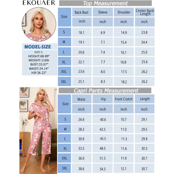 Ekouaer Womens Pajama Sets Short Sleeve Sleepwear Top and Capri Pants Soft Pjs 2 Piece Loungewear with PocketsBlack