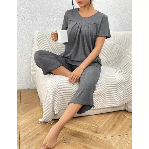 Ekouaer Womens Pajama Sets Short Sleeve Sleepwear Top and Capri Pants Soft Pjs 2 Piece Loungewear with PocketsDark Gray