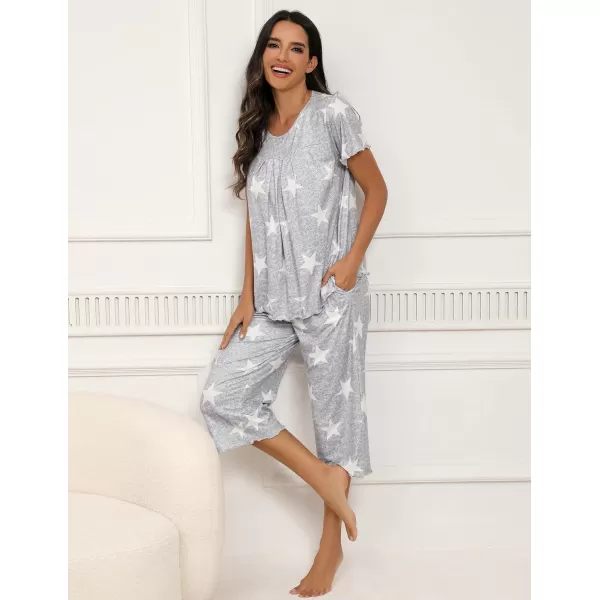 Ekouaer Womens Pajama Sets Short Sleeve Sleepwear Top and Capri Pants Soft Pjs 2 Piece Loungewear with PocketsGray Star