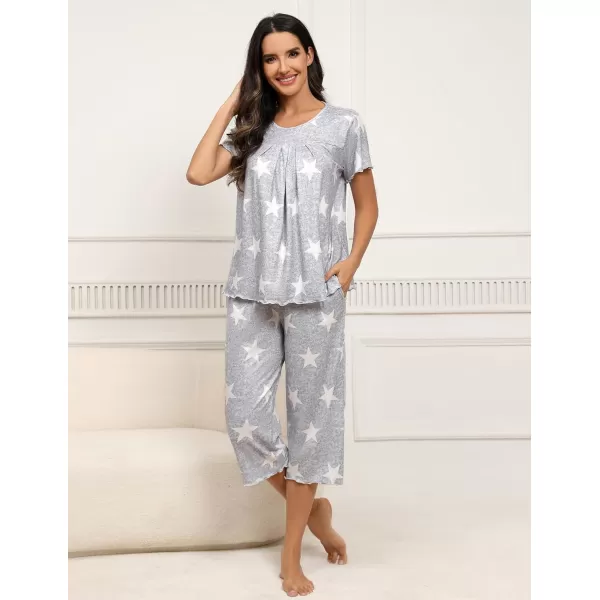 Ekouaer Womens Pajama Sets Short Sleeve Sleepwear Top and Capri Pants Soft Pjs 2 Piece Loungewear with PocketsGray Star