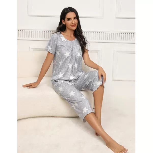 Ekouaer Womens Pajama Sets Short Sleeve Sleepwear Top and Capri Pants Soft Pjs 2 Piece Loungewear with PocketsGray Star