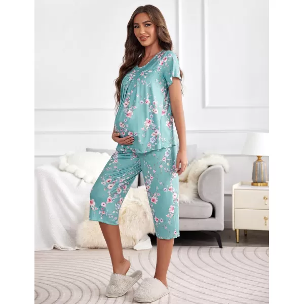 Ekouaer Womens Pajama Sets Short Sleeve Sleepwear Top and Capri Pants Soft Pjs 2 Piece Loungewear with PocketsLight Blue Flowers