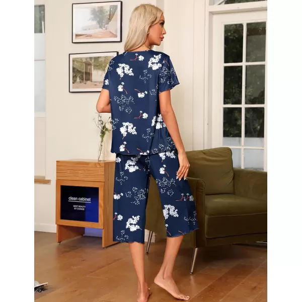 Ekouaer Womens Pajama Sets Short Sleeve Sleepwear Top and Capri Pants Soft Pjs 2 Piece Loungewear with PocketsNavy Blue Flowers