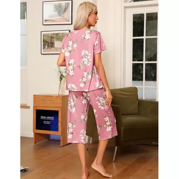 Ekouaer Womens Pajama Sets Short Sleeve Sleepwear Top and Capri Pants Soft Pjs 2 Piece Loungewear with PocketsPink Flowers