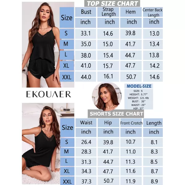 Ekouaer Womens Pajama Sets Soft Lingerie Sleepwear 2 Piece Cami Shorts Set V Neck Pj Lace NightwearBlack