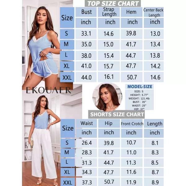 Ekouaer Womens Pajama Sets Soft Lingerie Sleepwear 2 Piece Cami Shorts Set V Neck Pj Lace NightwearBlue