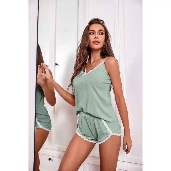 Ekouaer Womens Pajama Sets Soft Lingerie Sleepwear 2 Piece Cami Shorts Set V Neck Pj Lace NightwearGreen