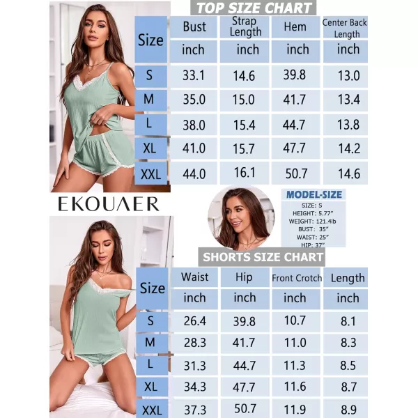 Ekouaer Womens Pajama Sets Soft Lingerie Sleepwear 2 Piece Cami Shorts Set V Neck Pj Lace NightwearGreen