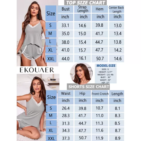 Ekouaer Womens Pajama Sets Soft Lingerie Sleepwear 2 Piece Cami Shorts Set V Neck Pj Lace NightwearGrey