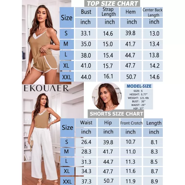 Ekouaer Womens Pajama Sets Soft Lingerie Sleepwear 2 Piece Cami Shorts Set V Neck Pj Lace NightwearKhaki